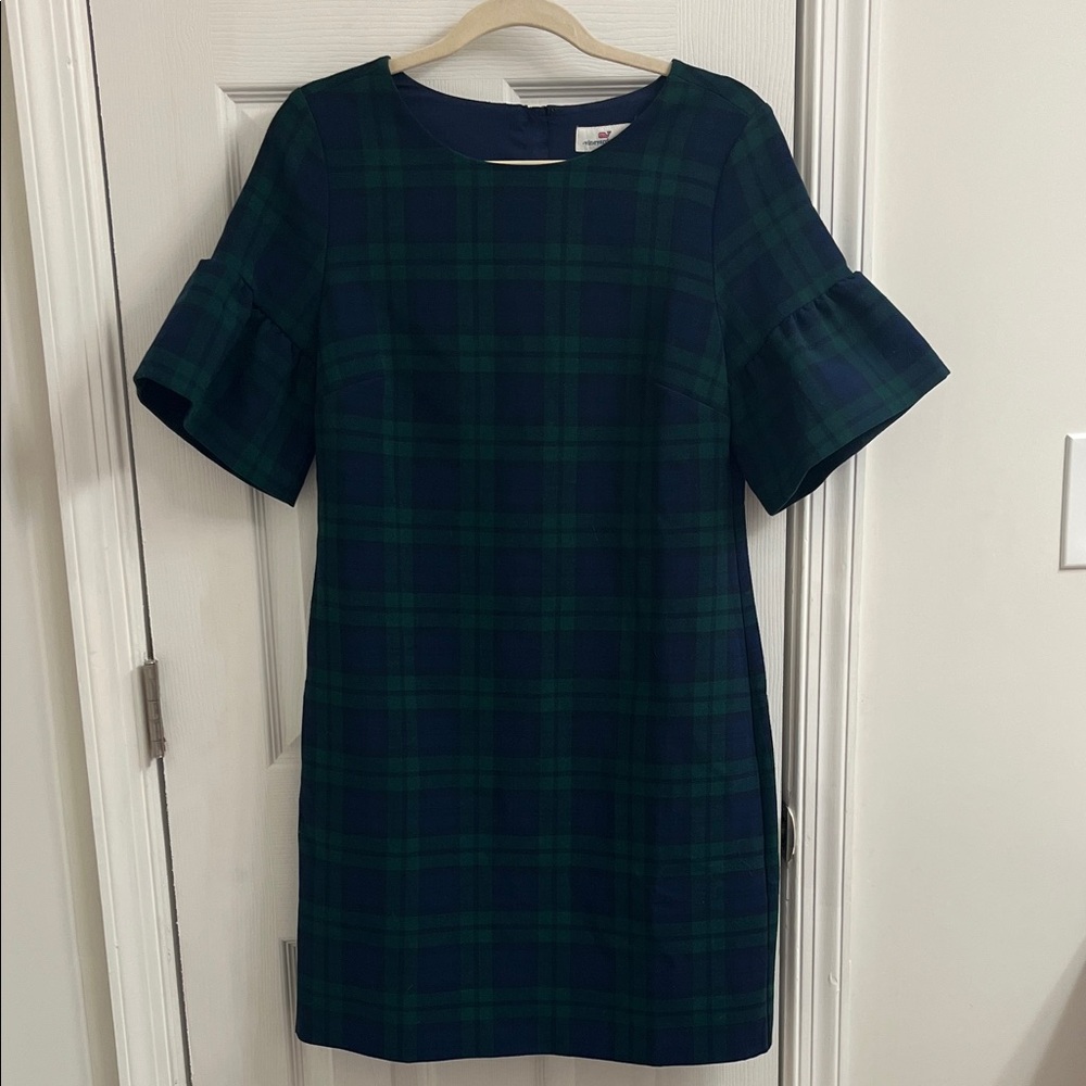 Vineyard Vines Navy and Green Blackwatch Plaid Mini Dress with Flutter Sleeves